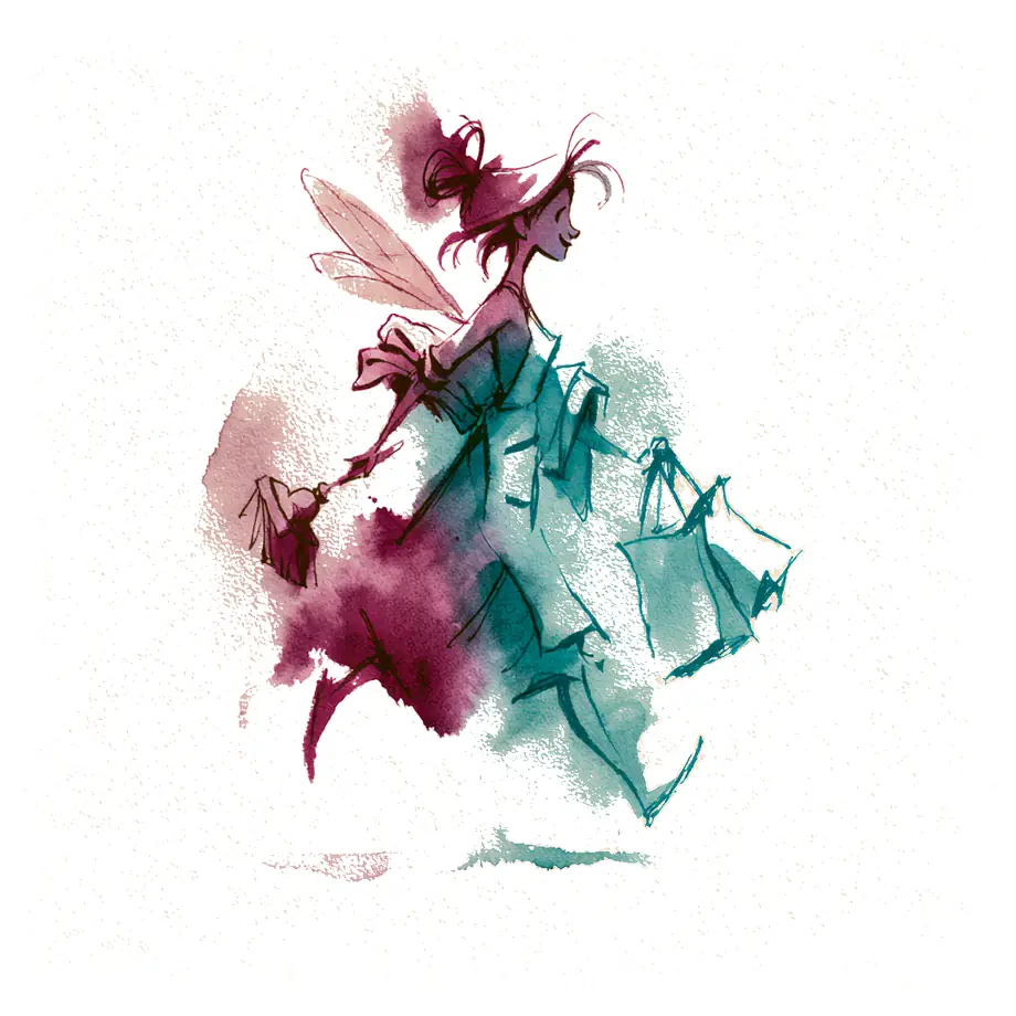 Aquarell: Eine Alltagsfee unterwegs mit Besen und Einkaufstasche, bereit für alles.