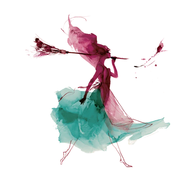 Aquarell: Eine Alltagsfee geht mit einem Besen über der Schulter.