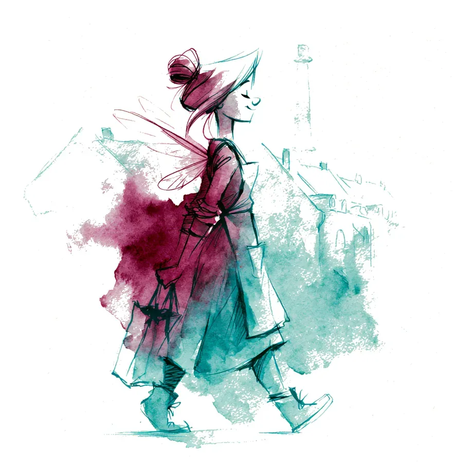 Aquarell: Eine Alltagsfee, ruhig und zugewandt, bereit zu begleiten.