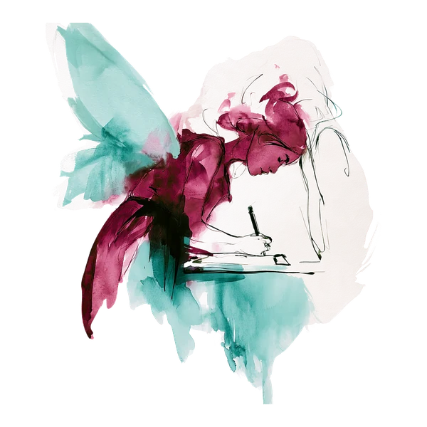 Aquarell: Eine Alltagsfee schreibt konzentriert auf einem Klemmbrett.