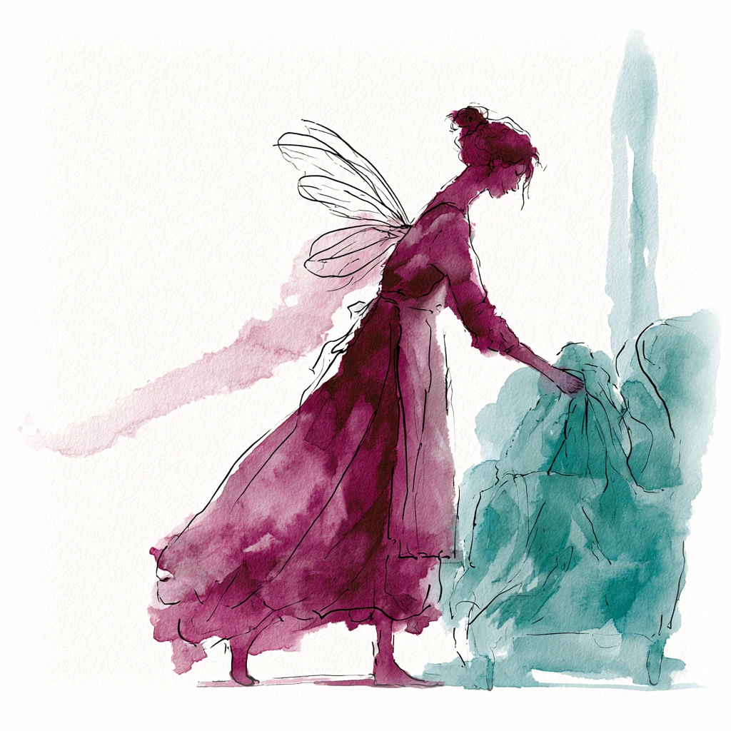 Aquarell: Eine Alltagsfee im Flug bringt zwei volle Einkaufstüten nach Hause.